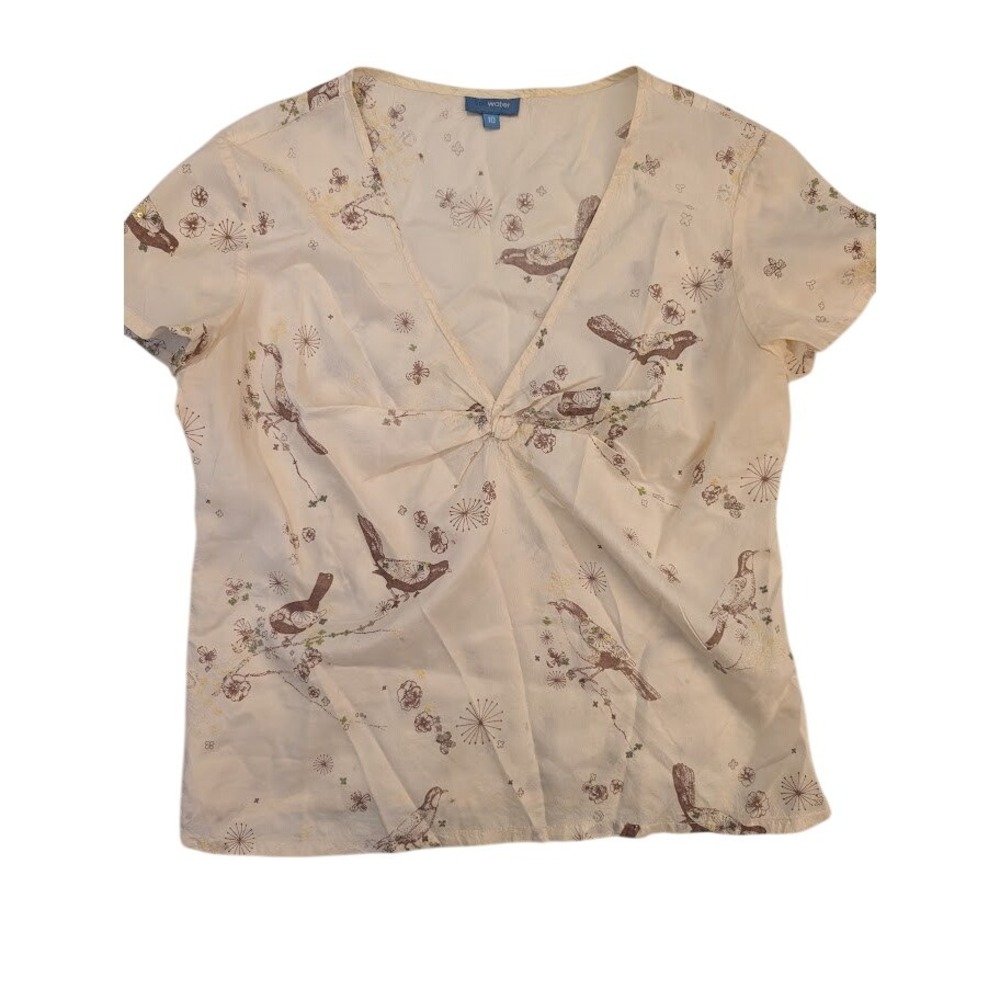 Saltwater Size 10 Top Womens Blouse Floral Bird Print Short‎ Sleeve V Neck Sz 10